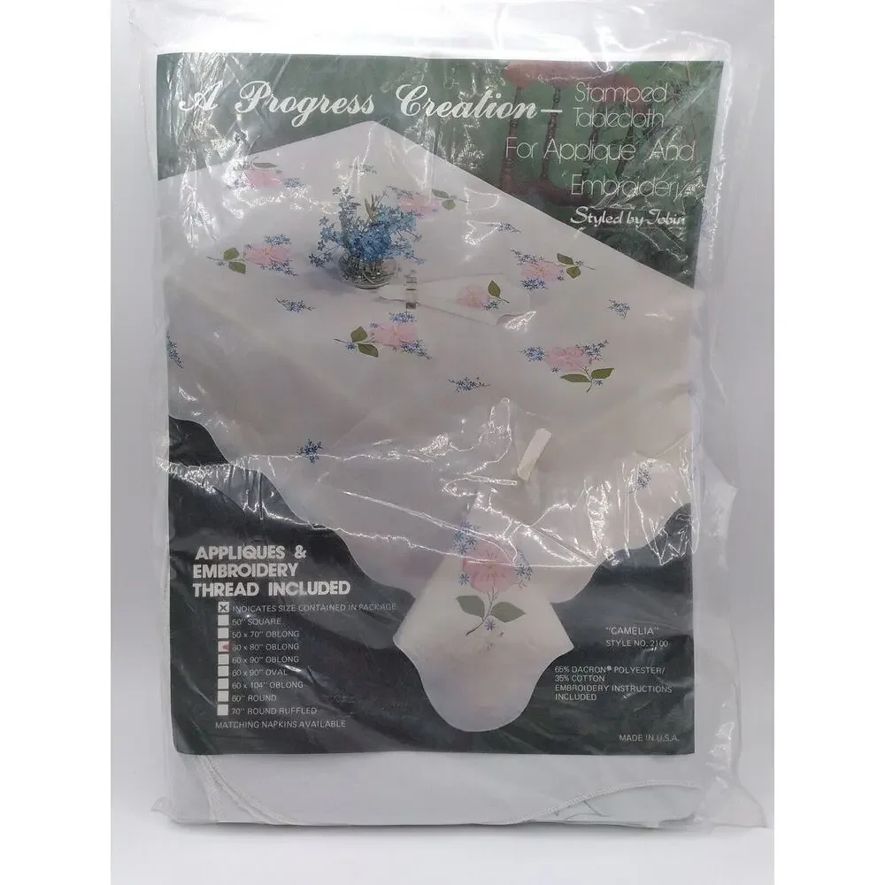 60x80 Inch Oblong Stamped Tablecloth For Applique And Embroidery Kit Camelia